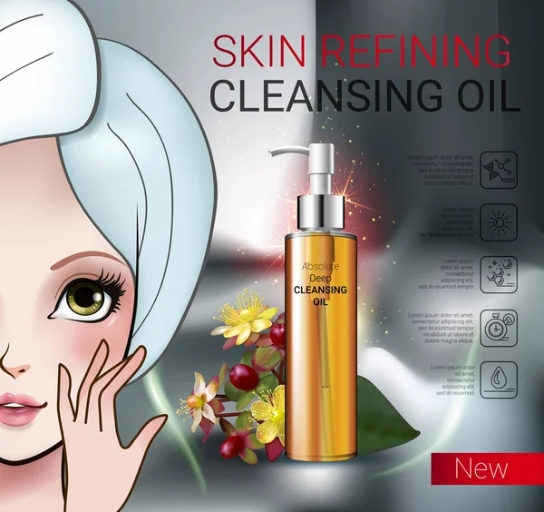 Ilustración vectorial con chica de estilo Manga y aceite limpiador de la piel — Vector de stock