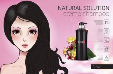 Vector Illustration with Manga style girl and shampoo bottle. clipart