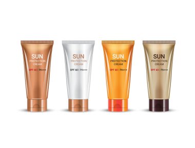 Vector illustration of realistic tubes of sun protection cream on white background.