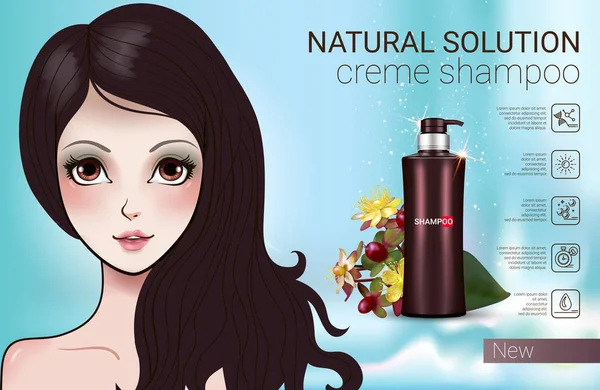 Illustration vectorielle avec fille de style manga et bouteille de shampooing . — Image vectorielle