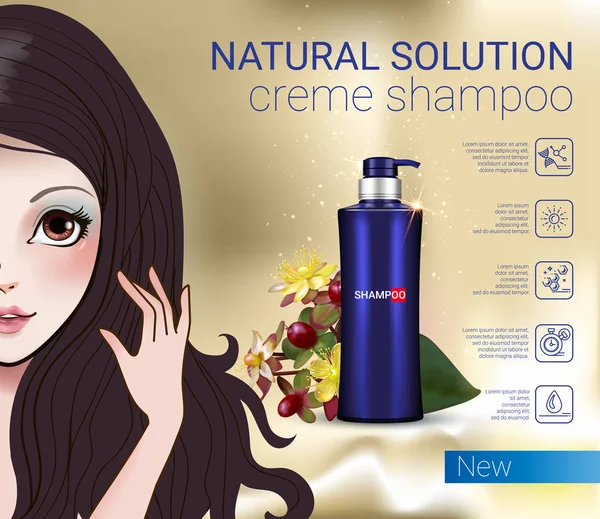 Vectorillustratie met Manga stijl meisje en shampoo fles. — Stockvector