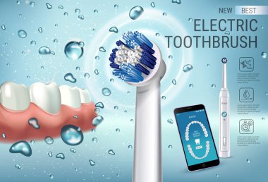 Elektrikli diş fırçası reklamları. Canlı fırça ve telefon ekranında mobil diş uygulaması ile 3D illüstrasyon vektör.