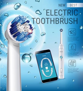Elektrikli diş fırçası reklamları. Canlı fırça ve telefon ekranında mobil diş uygulaması ile 3D illüstrasyon vektör.
