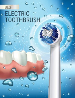 Elektrikli diş fırçası reklamları. Canlı fırça ve dişeti ve diş ile 3D illüstrasyon vektör.