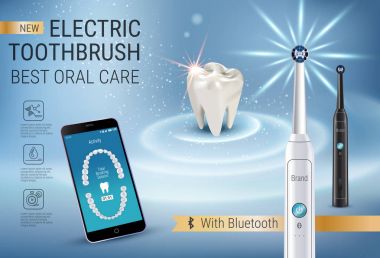 Elektrikli diş fırçası reklamları. Canlı fırça ve telefon ekranında mobil diş uygulaması ile 3D illüstrasyon vektör.