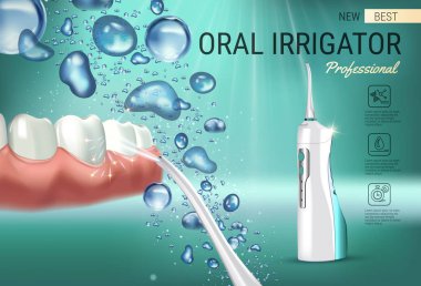 Elektrik Oral Irrigator reklamlar. Taşınabilir su ile 3D çizim çekme ipi vektör.