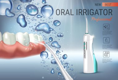 Elektrik Oral Irrigator reklamlar. Taşınabilir su ile 3D çizim çekme ipi vektör.