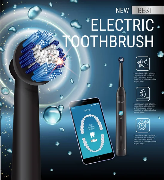 Elektrisk tandborste annonser. Vektor 3d Illustration med pulserande borste och dental mobilapp på skärmen på telefonen. — Stock vektor
