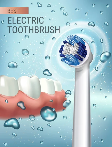Elektryczna szczoteczka do zębów reklamy. Wektor 3d ilustracja z tętniącego życiem pędzla i dziąseł i zębów. — Wektor stockowy