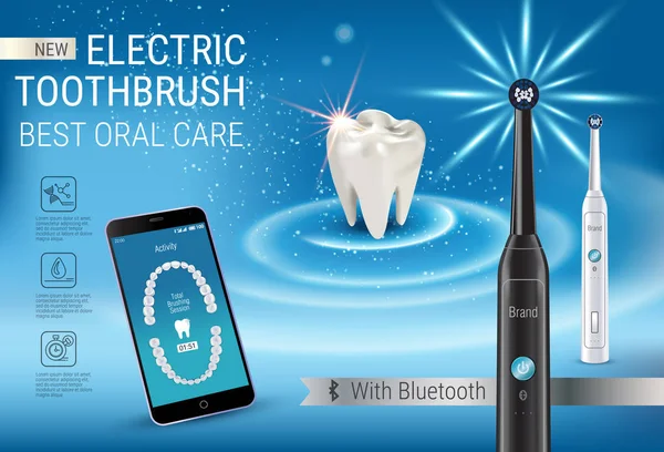 Electric toothbrush ads. Vector 3d Illustration with vibrant brush and mobile dental app on the screen of phone. — Stock Vector