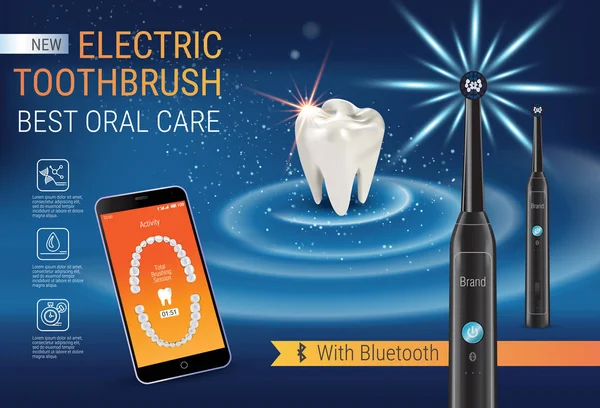 Elektrisk tandborste annonser. Vektor 3d Illustration med pulserande borste och dental mobilapp på skärmen på telefonen. — Stock vektor