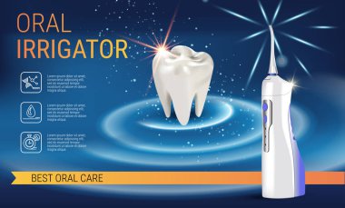 Elektrik Oral Irrigator reklamlar. Taşınabilir su ile 3D çizim çekme ipi vektör.
