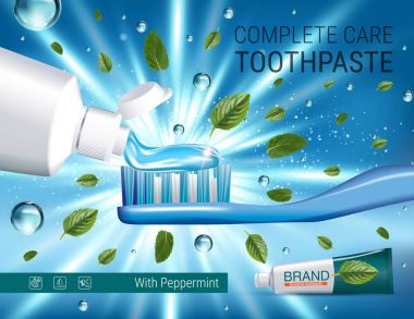 Antibakteriyel diş macunu reklamlar. Diş macunu, fırça ve zihin yaprakları ile 3D illüstrasyon vektör.
