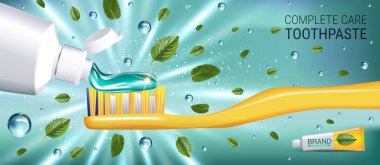 Antibakteriyel diş macunu reklamlar. Diş macunu ve zihin yaprakları ile 3D illüstrasyon vektör.