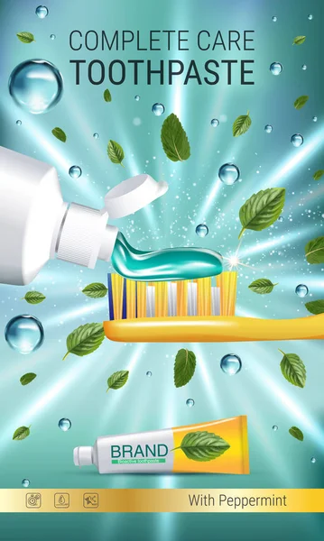 Antibakterielle Zahnpasta-Werbung. Vektor-3D-Illustration mit Zahnpasta, Bürste und Geistesblättern. — Stockvektor