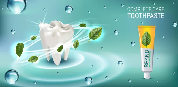 Annunci dentifricio antibatterico. Vettore 3d Illustrazione con dentifricio e foglie mentali . — Vettoriale Stock