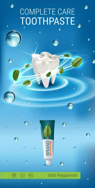 Антибактериальная реклама зубной пасты. Векторная 3d иллюстрация с зубной пастой и листьями разума . — стоковый вектор