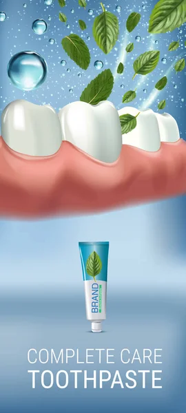 Dentifrice antibactérien annonces. Illustration vectorielle 3d avec dentifrice et feuilles d'esprit . — Image vectorielle