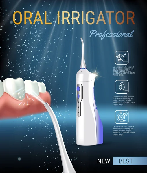 Elektrik Oral Irrigator reklamlar. Taşınabilir su ile 3D çizim çekme ipi vektör. — Stok Vektör