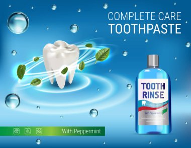 Ağız durulama reklamlar. Ağız durulama şişe ve nane yaprakları ile 3D illüstrasyon vektör.