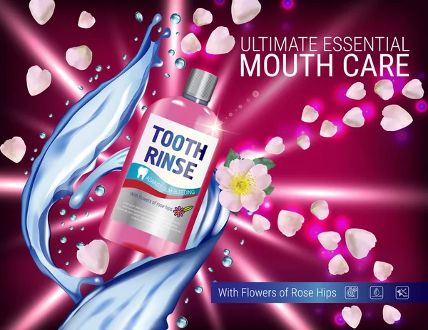 Enjuague bucal anuncios. Vector 3d Ilustración con enjuague bucal en botella y flor de rosa mosqueta . — Vector de stock