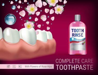 Ağız durulama reklamlar. Şişe ve kuşburnu çiçek ağız durulama ile 3D illüstrasyon vektör.