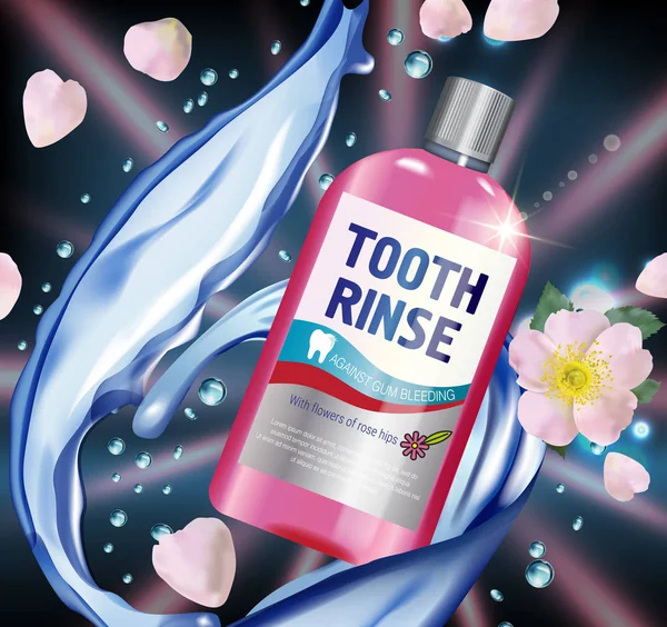 Mouth rinse ads. Vector 3d Illustration with Mouth rinse in bottle and