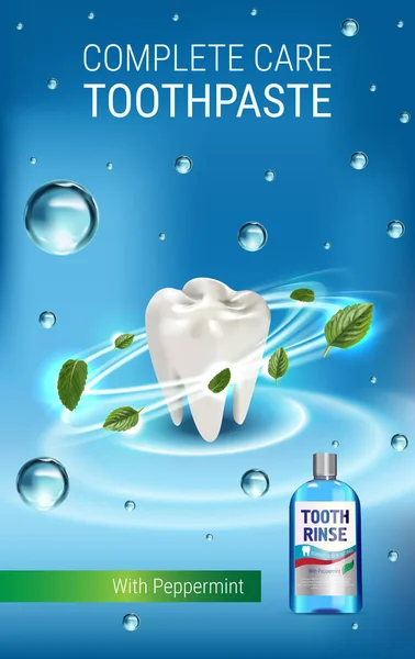 Annonces de rinçage de bouche. Illustration vectorielle 3d avec rinçage buccal en bouteille et feuilles de menthe . — Image vectorielle
