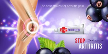Artrit Pain Relief merhem reklamlar. Blackcurrant özü ile tüp kremle 3D illüstrasyon vektör.