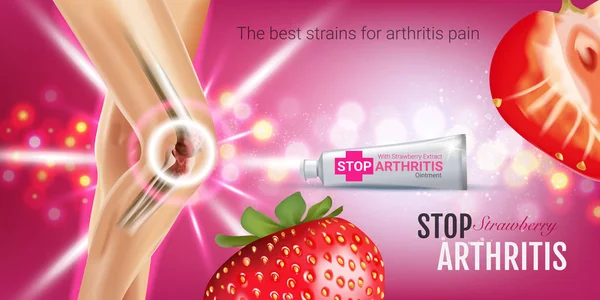 Werbung zur Linderung von Arthritis-Schmerzen. Vektor-3D-Illustration mit Tubencreme mit Erdbeerextrakt. — Stockvektor