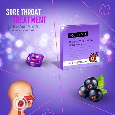 Salonları pastil reklamlar. Boğaz için blackcurrant haplarla 3D illüstrasyon vektör.