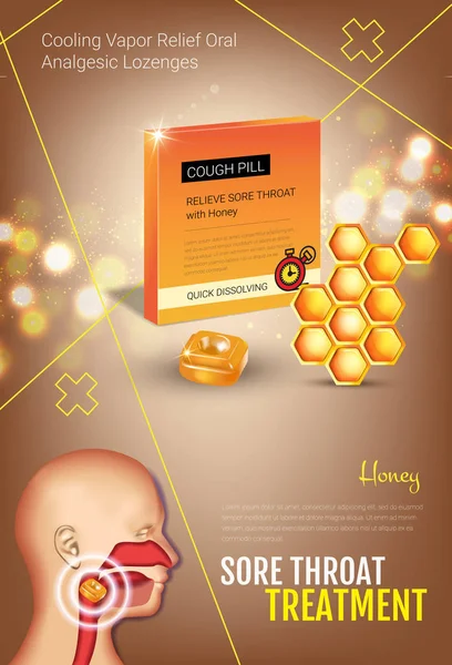 Tose Drops anuncios. Vector 3d Ilustración con píldoras de miel para la garganta . — Archivo Imágenes Vectoriales
