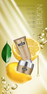 Lemon skin care series ads. Vector Illustration with lemon cream tube and container. clipart