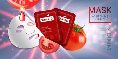 Tomato skin care mask ads. Vector Illustration with tomatoes mask and packaging. clipart