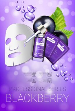 Blackcurrant skin care mask ads. Vector Illustration with blackcurrant smoothing mask and serum clipart