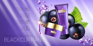 Siyah frenk üzümü cilt bakım serisi reklamlar. Krem tüp ve konteyner yumuşatma vektör çizim blackcurrant ile