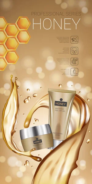Méz skin care sorozat hirdetések. Vektoros illusztráció mézzel simító krém cső és konténer. — Stock Vector