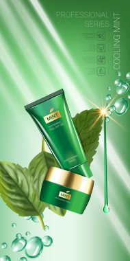 Cooling mint skin care series ads. Vector Illustration with mint leaves, smoothing cream tube and container clipart