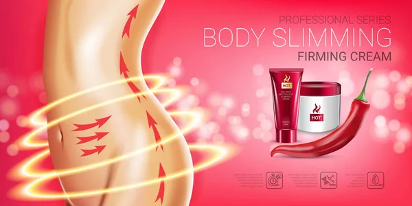 Body skin care series ads. Vector Ilustración con chile cuerpo adelgazante reafirmante tubo de crema y recipiente — Vector de stock