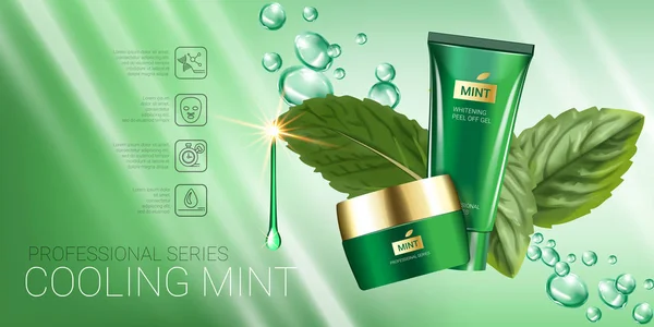 Cooling mint skin care series ads (em inglês). Ilustração vetorial com folhas de hortelã, tubo de creme de alisamento e recipiente — Vetor de Stock