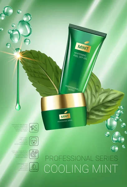 Cooling mint huid zorg reeks advertenties. Vectorillustratie met muntblaadjes, smoothing cream buis en container — Stockvector