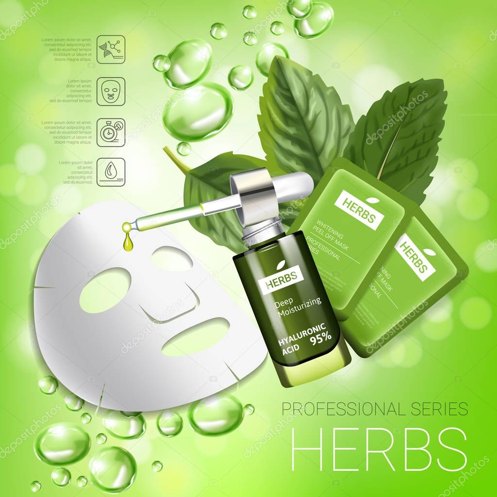 Herbal skin care mask ads. Vector Illustration with herbal smoothing mask and serum