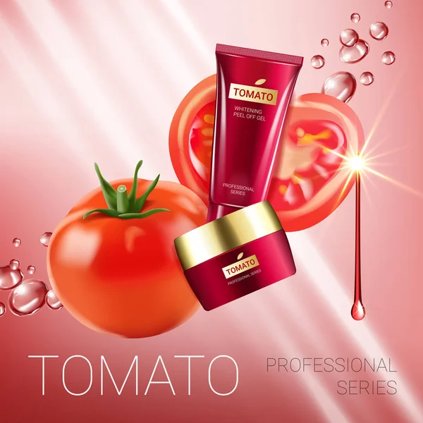 Tomaat huid zorg reeks advertenties. Vectorillustratie met tomaten en crème tube en container. — Stockvector