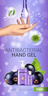 Siyah frenk üzümü lezzet antibakteriyel el jel reklamlar. Vektör çizim antiseptik jel şişe ve blackcurrant elemanları ile.