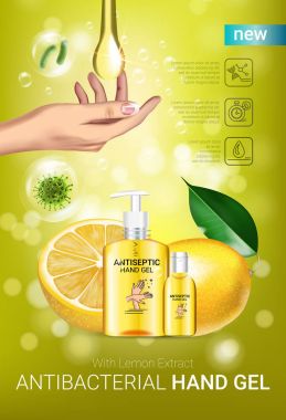 Limon lezzet antibakteriyel el jel reklamlar. Vektör çizim antiseptik jel şişe ve limon elemanları ile