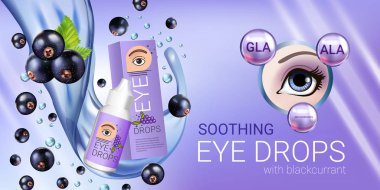 Reklamlar Siyah frenk üzümü göz damlası. Vektör çizim collyrium şişe ve blackcurrant elemanları ile.