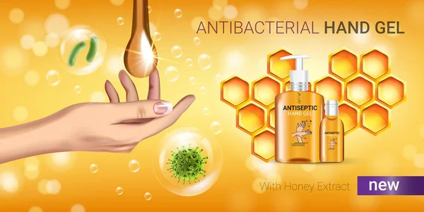 Honung smak antibakteriella hand gel annonser. Vektorillustration med antiseptisk handgel i flaskor och honung element. — Stock vektor