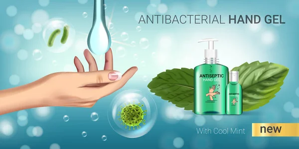 Cool sabor a menta Anuncios antibacterianos de gel de mano. Ilustración vectorial con gel de mano antiséptico en botellas y elementos de hojas de menta — Archivo Imágenes Vectoriales