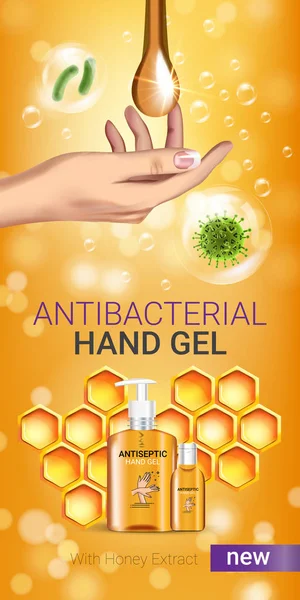Sabor a miel Anuncios de gel de mano antibacteriano. Ilustración vectorial con gel antiséptico en frascos y elementos de miel . — Vector de stock