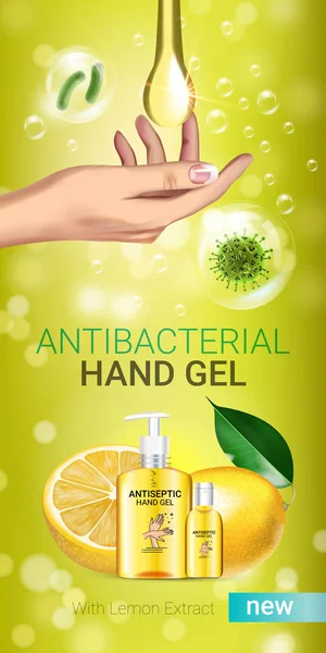 Citroen smaak antibacteriële hand gel advertenties. Vectorillustratie met antiseptische handgel in flessen en citroen elementen. — Stockvector